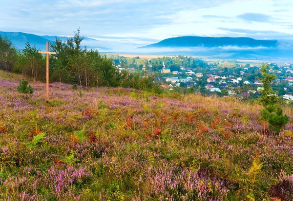 Summer heather flower hill and misty morning country view behind — Stock Photo, Image