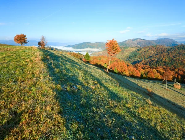 Outono nebuloso manhã montanha colina — Fotografia de Stock