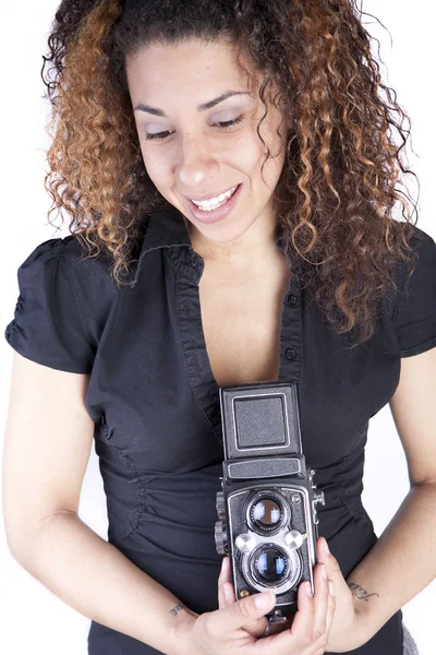 stock image Woman with Vintage Antique Camera