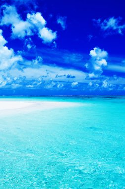 Empty beach with blue sky and vibrant ocean clipart