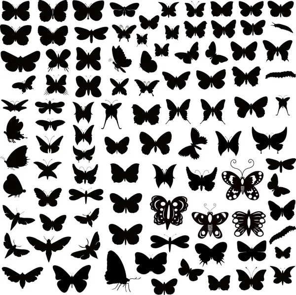 Stor samling av fjärilar silhuetter — Stock vektor