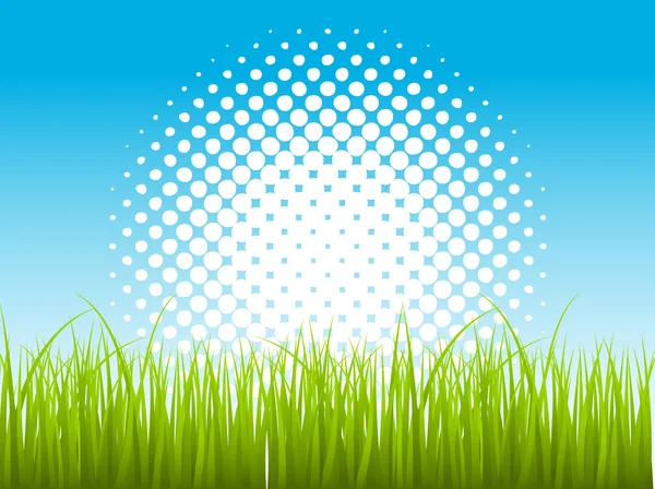 Arrière-plan artistique demi-ton avec herbe à feuilles vertes — Image vectorielle