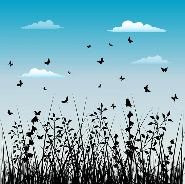 Éléments d'herbe dense sur fond de ciel bleu — Image vectorielle