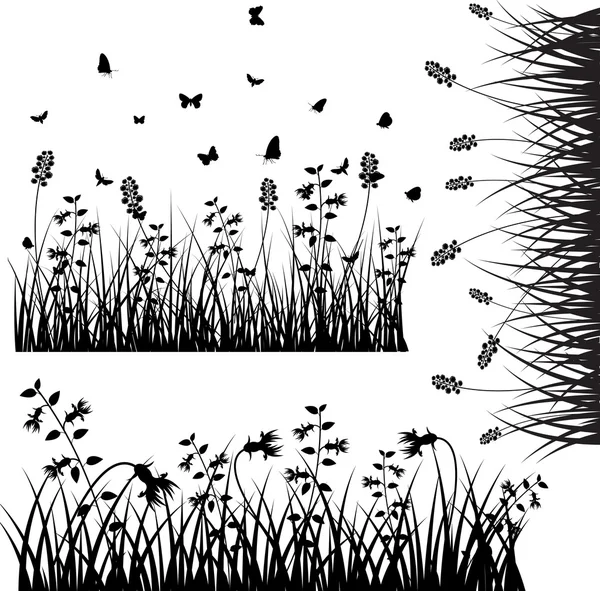 Conjunto de elementos de siluetas de hierba floreciente — Vector de stock