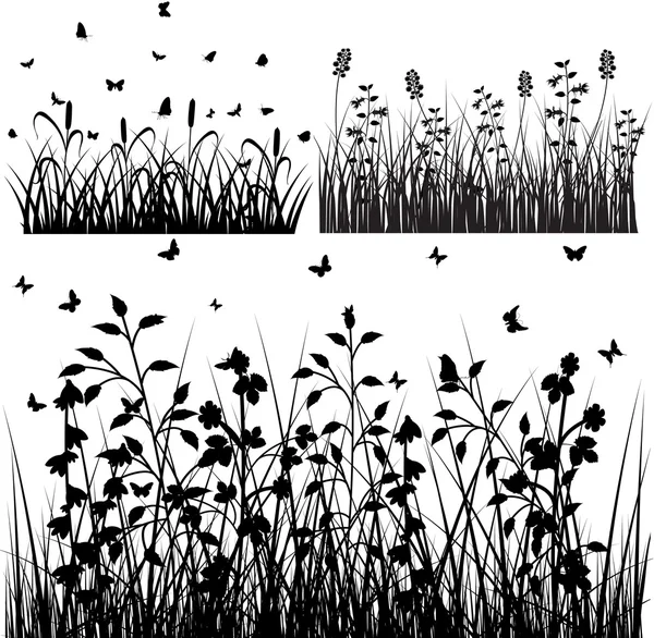 Florecer diseños de siluetas de hierba — Vector de stock
