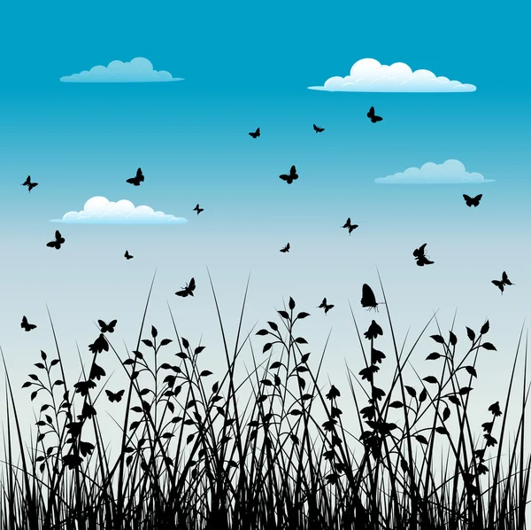 Flying Insect On Grass Silhouettes — Stock Vector