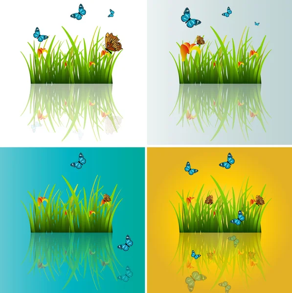 Set Of Grassline with Flying Butterflies - Stok Vektor