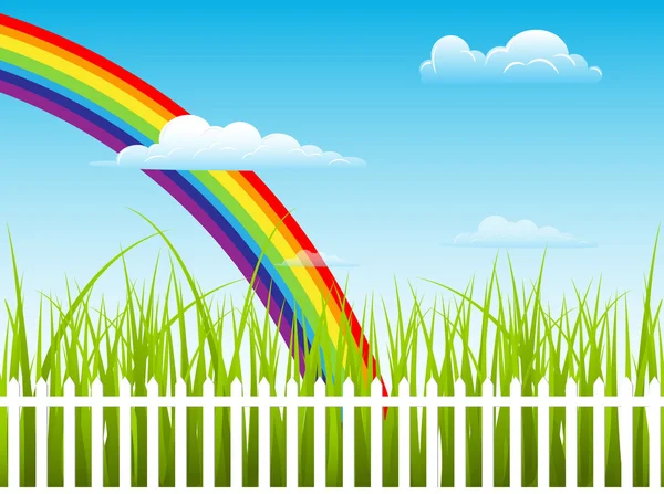 Schöner Regenbogen hinter grünem Gras — Stockvektor