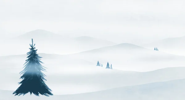 Hilly panorama with fog and christmas trees — Stock Photo, Image