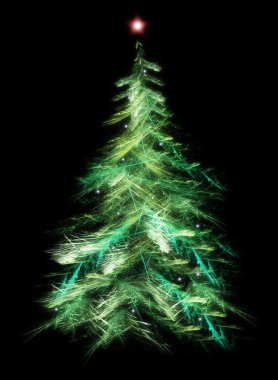 Fractal Christmas tree in cyans and greens, decorated with light clipart