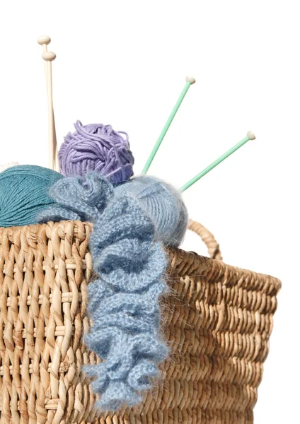 Overflowing knitter's basket, isolated on white — Stock Photo, Image