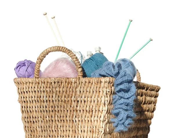 Overflowing knitter's basket, isolated on white — Stock Photo, Image