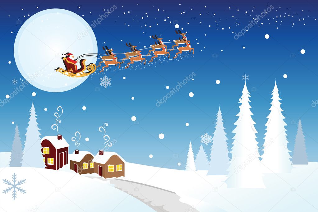 Santa riding sleigh with reindeers