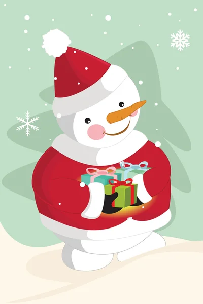 Bonhomme de neige portant des cadeaux de Noël — Image vectorielle
