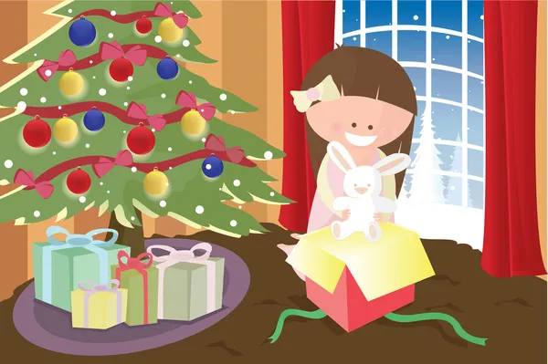 打开圣诞礼物的女孩 — 图库矢量图片
