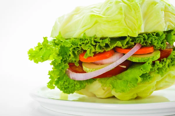 Vegetariánský burger - zelí, rajče, okurka, cibule, salát — Stock fotografie