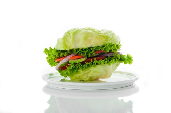 素食汉堡-卷心菜、西红柿、黄瓜、洋葱、生菜 — 图库照片