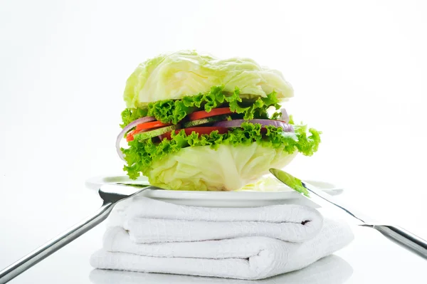 Burger vegetarian varza, rosii, castravete, ceapa, salata verde — Fotografie, imagine de stoc