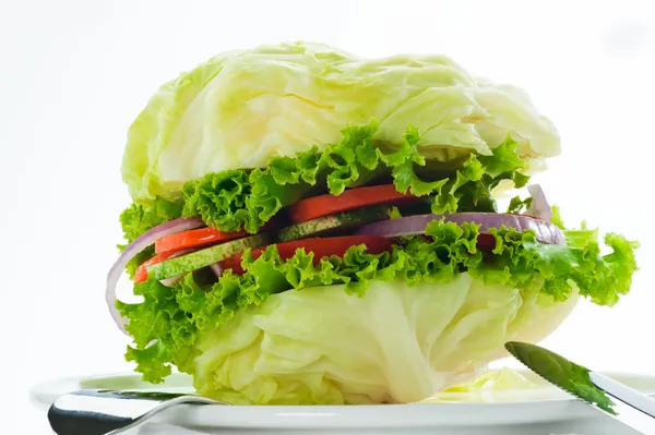 Вегетарианский бургер - капуста, помидор, огурец, лук, салат — стоковое фото