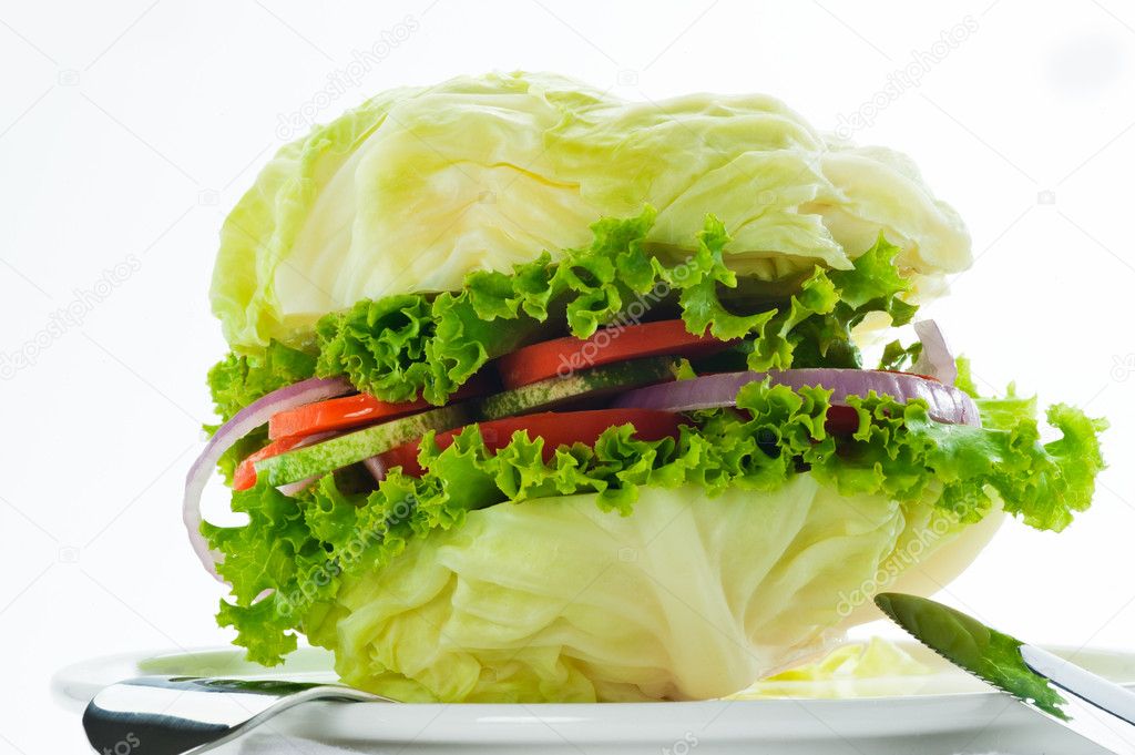 Vegetarian burger - cabbage, tomato, cucumber, onion, lettuce
