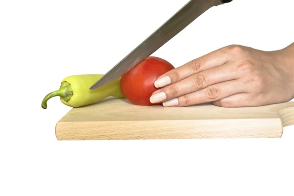 Hembra manos corte verduras aisladas — Foto de Stock