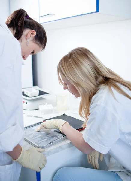 Dvě ženské výzkumníci dělali výzkum v laboratoři (barva tónovaný imag — Stock fotografie