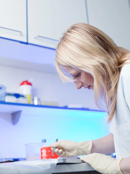 Porträt einer Forscherin, die in einem Labor forscht (Farbe t — Stockfoto