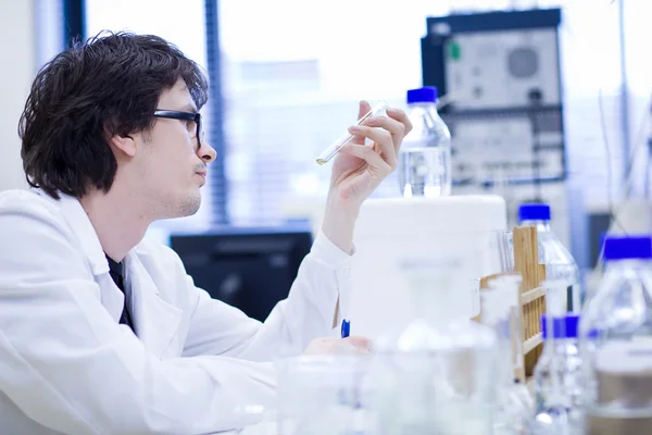 Joven investigador masculino que lleva a cabo investigación científica en una química — Foto de Stock
