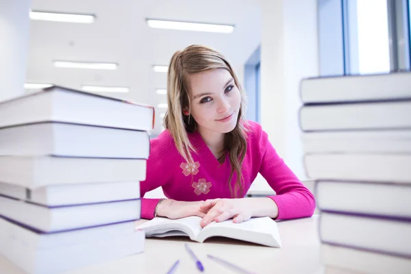 In the library - pretty, female student with laptop and books wo — Stock Photo, Image