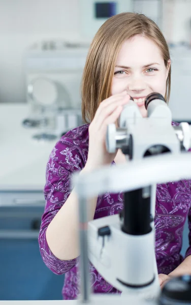 Optometry concept - portrait of a young pretty optometrist using — Stock Photo, Image