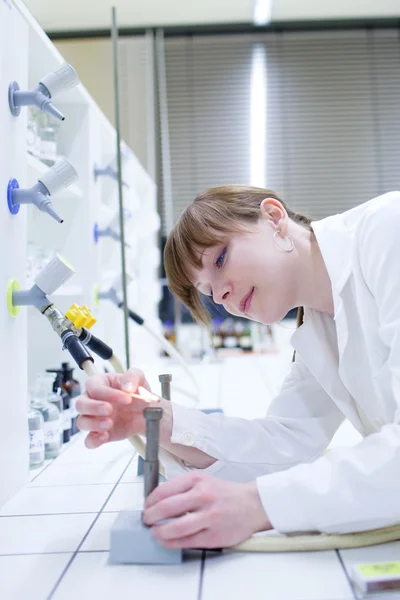 젊고 예쁜 여성 연구원 실험실에서 버너를 점화 — 스톡 사진
