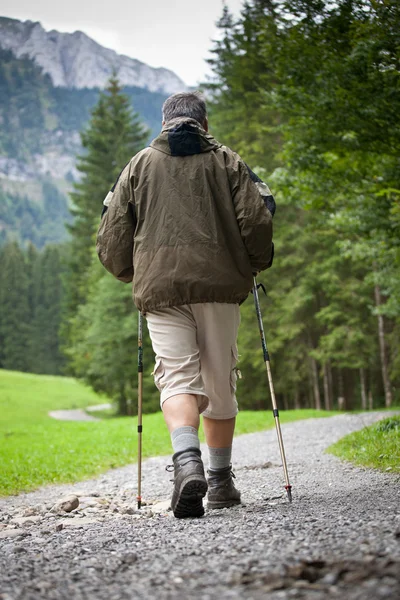Aktivní senior muž nordic walking venku na lesní p — Stock fotografie