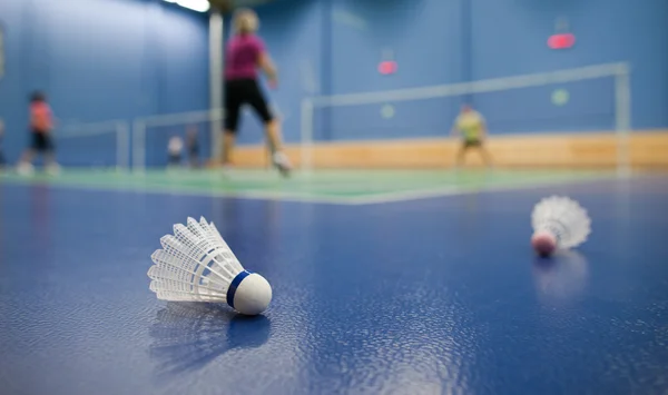Badminton - badmintonové kurty s hráči soutěží; kuželka — Stock fotografie