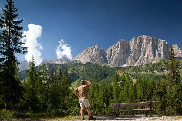Człowiek, podziwiając zapierające dech w piersiach alpejskich górskiej scenerii (Val di Gard — Zdjęcie stockowe