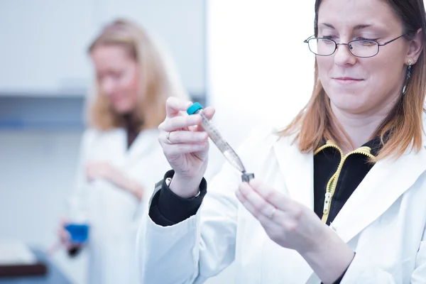 İki kadın araştırmacı bir kimya/bioc araştırmaları yürüten — Stok fotoğraf