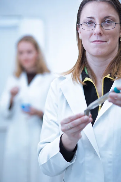 Two female researchers carrying out research in a chemistry/bioc — Stock Photo, Image