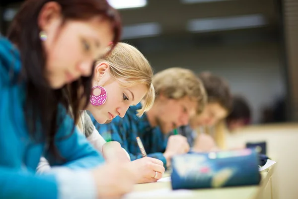 Hübsche Studentin sitzt bei einer Prüfung in einem Klassenzimmer voller — Stockfoto