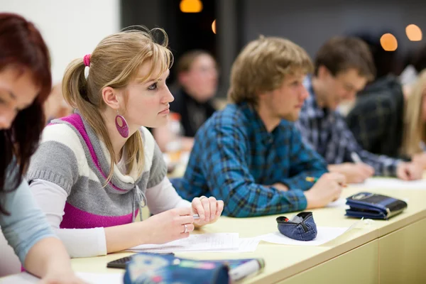 Linda estudiante universitaria sentada en un aula llena de estudiantes — Foto de Stock