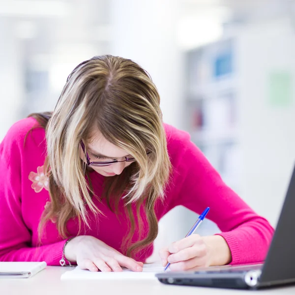 In the library - pretty, female student with laptop and books wo Stock Photo