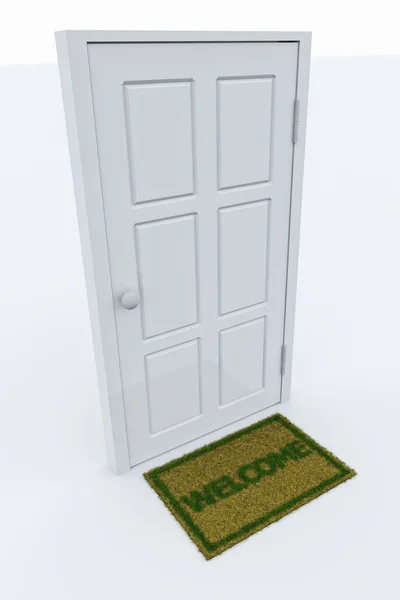 Дверь с приветственным ковриком — стоковое фото