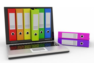 laptop ve renkli arşiv klasörleri.