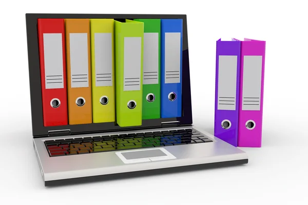 Laptop ve renkli arşiv klasörleri. — Stok fotoğraf