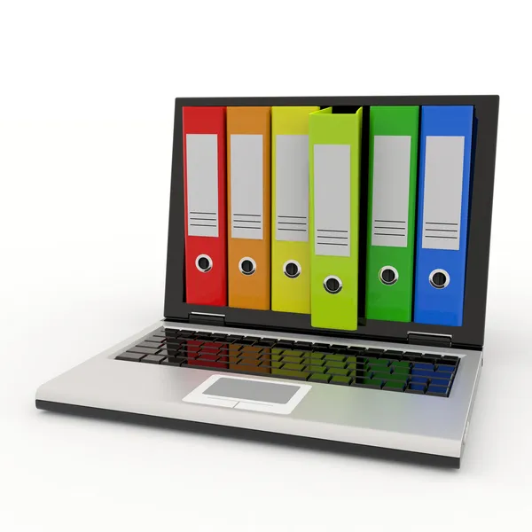Laptop och färgglada Arkiv-mappar. — Stockfoto