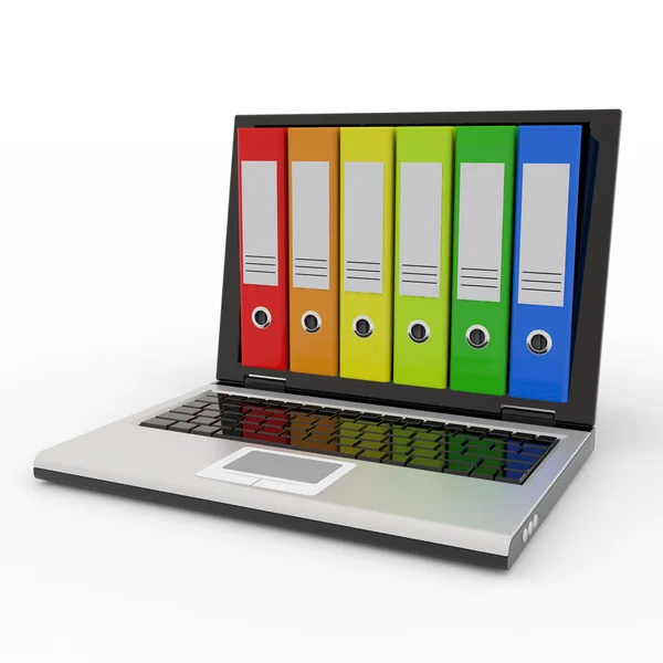 Laptop i archiwum kolorowe foldery. — Zdjęcie stockowe