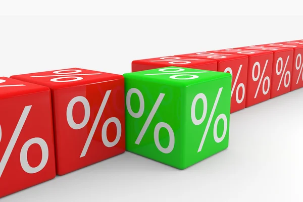 Riga di cubi rossi con percentuali con un cubo verde — Foto Stock