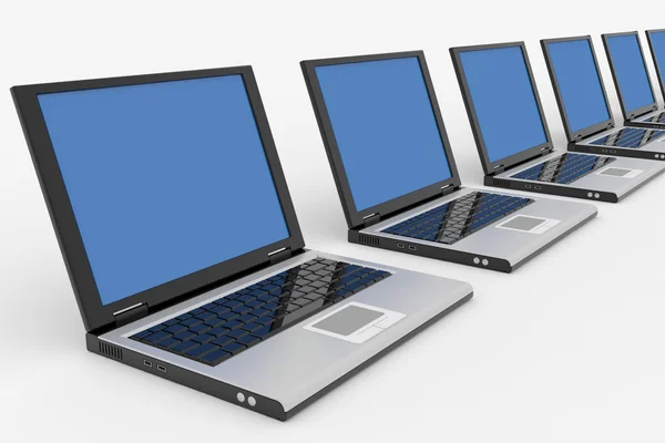 Riga di computer portatili con schermo blu — Foto Stock