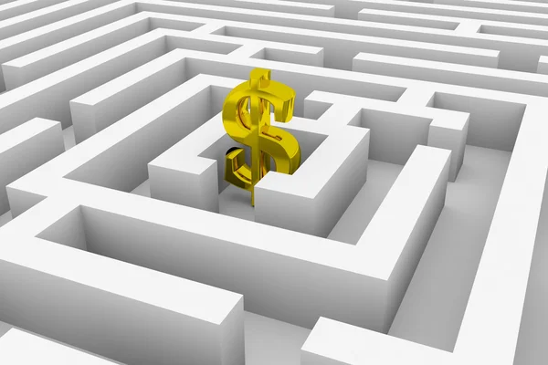 Gold dollar sign in the center of a maze — Stock Photo, Image