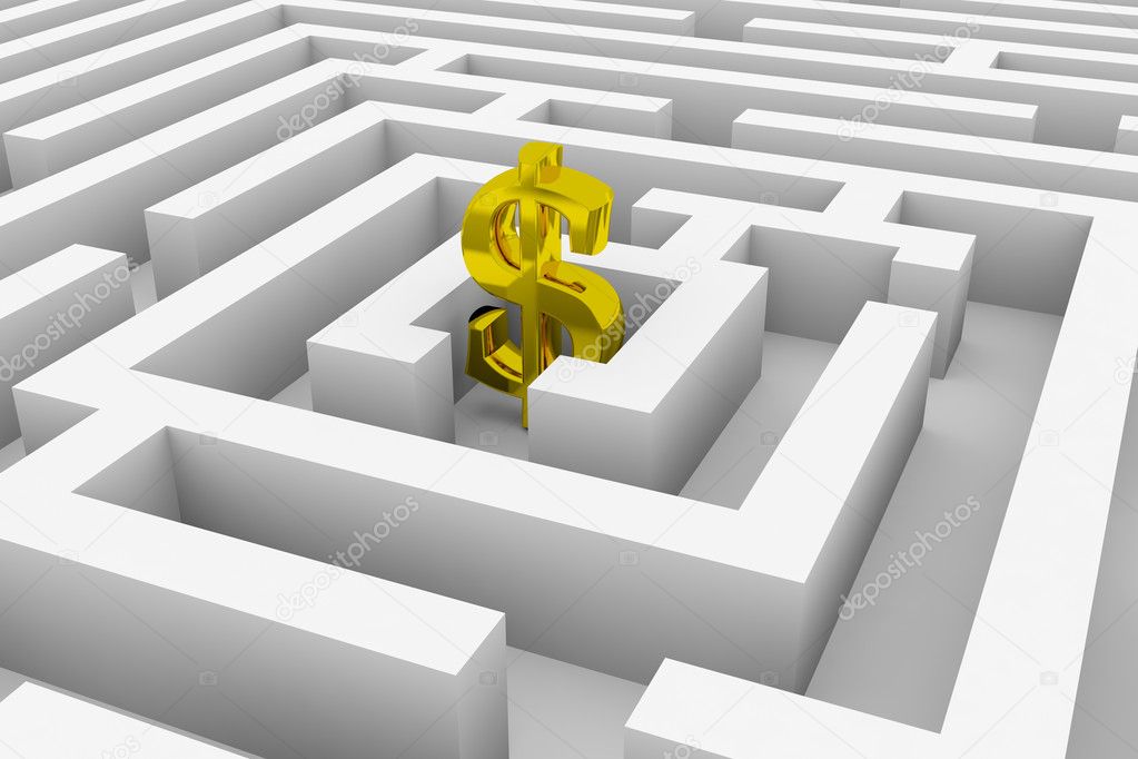 Gold dollar sign in the center of a maze