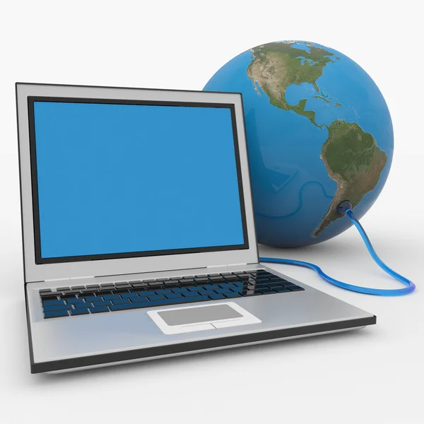 Laptop connected to the earth sphere. — Stock Photo, Image