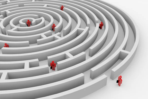 In das runde Labyrinth. Suche nach Lösung. Teamarbeit. — Stockfoto
